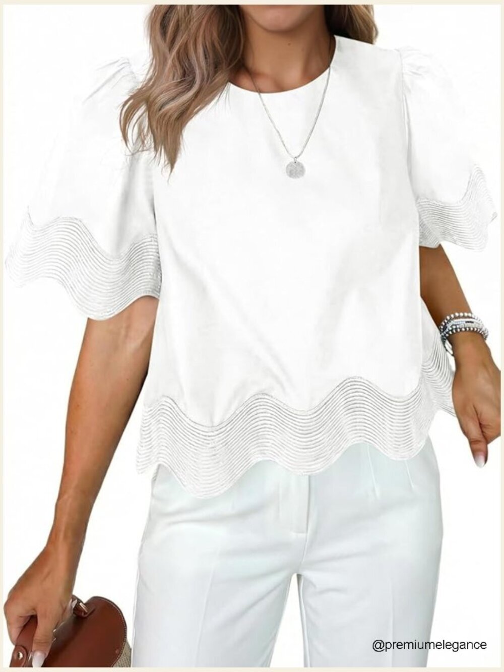 Short Sleeve Crop Top Scalloped Flowy Blouse Crewneck Ruffle Loose Fit T-Shirt